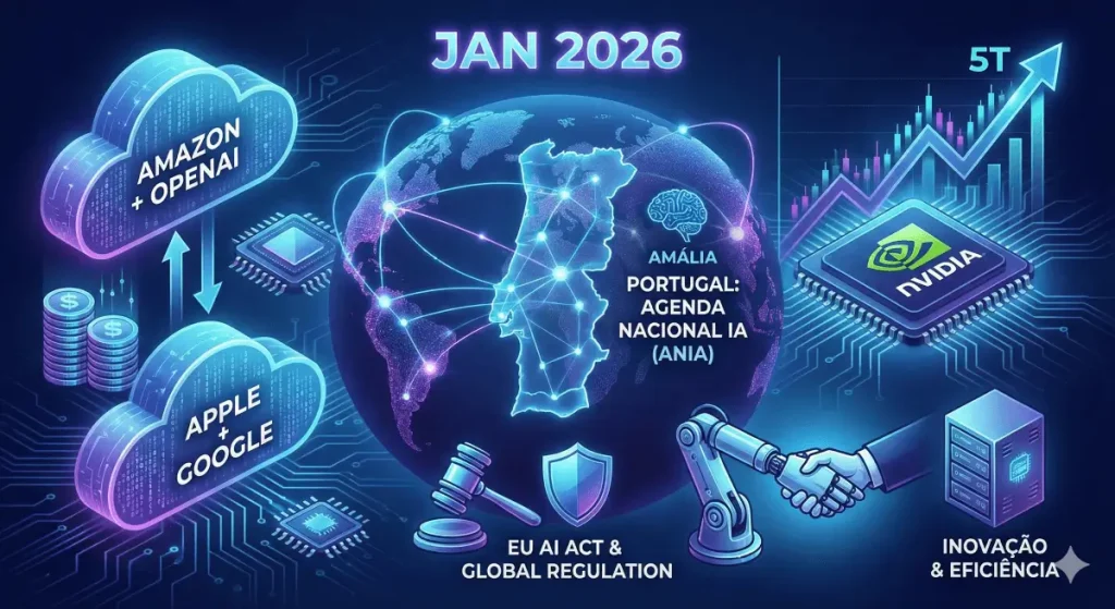 Infográfico sobre IA em Janeiro 2026 mostrando nuvens de dados da Amazon e Apple, o chip da Nvidia, e o mapa de Portugal destacando a Agenda Nacional de IA (ANIA).